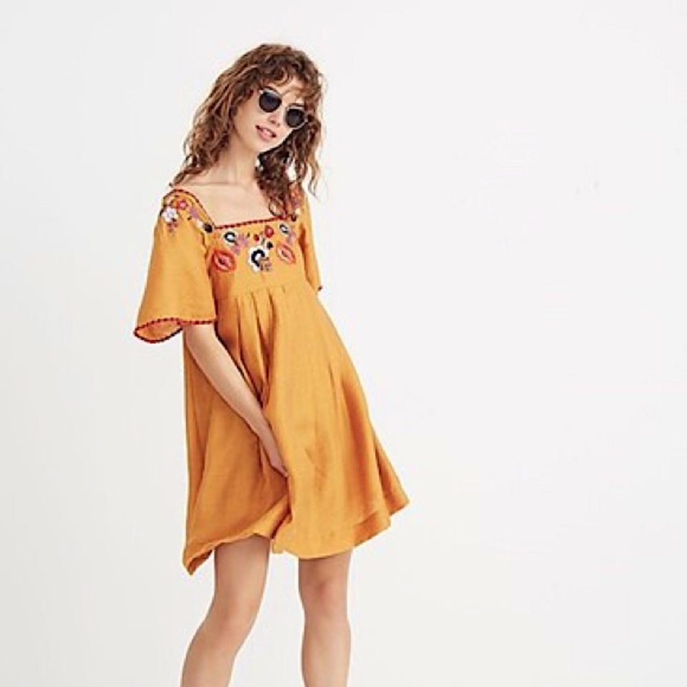 Madewell Embroidered Mustard Mini Dress